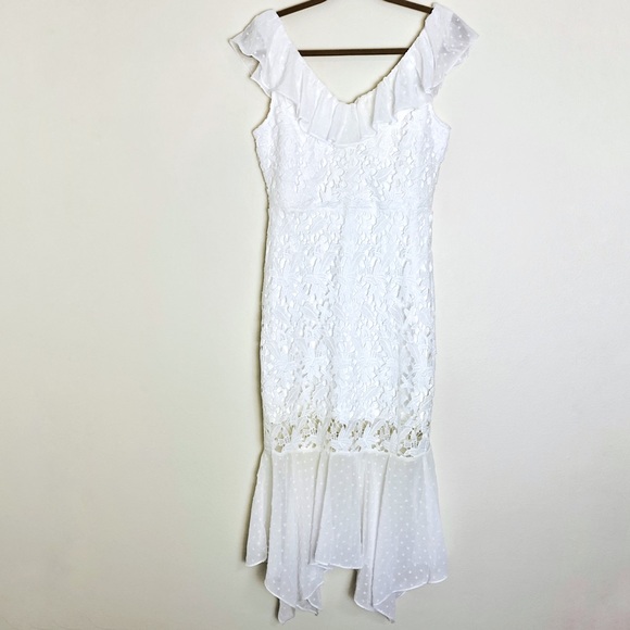 White Lace Midi Dress with Ruffled Trim and Neckline NWOT - Picture 2 of 10